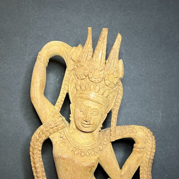 VTG Hand Carved Wooden Khmer Cambodian Aspara Dancer Goddess Statue Figure 10.5" - Picture 2 of 7